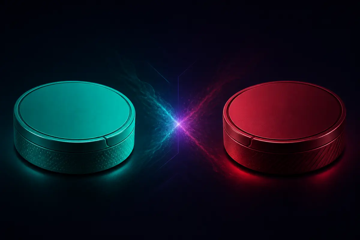 VELO and Killa nicotine pouch tins side by side, mainstream against high strength